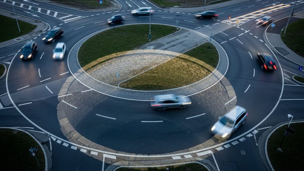 現代のロータリーの道路面に、古い井戸の影が重なるように見える二重露光風の象徴的なビジュアル。