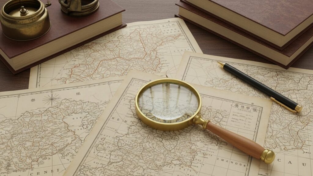 古い日本地図や資料が机に広げられ、近くに現代の福岡市の地図が重ねられている調査風景。