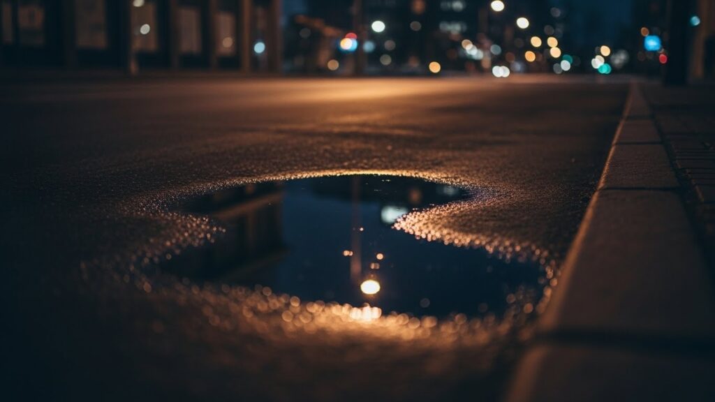 深夜の舗装道路に、雨が降っていないのに小さく濡れた部分があり、街灯の光が反射している不思議な場面。