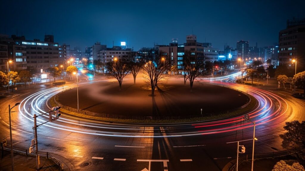 夜の清川ロータリーを街灯が照らし、車の光跡が円を描く中、中央の島だけが静かに取り残されたように佇んでいる様子。