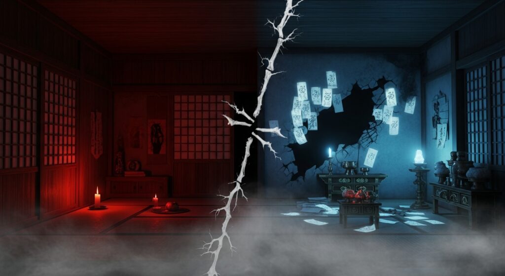 恐怖の捉え方の違いを抽象的な音波模様で示した画像