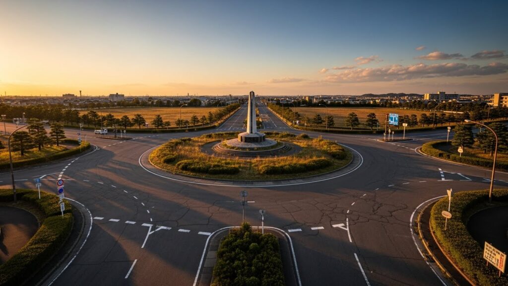 夕暮れの清川ロータリーを上空から見た景色で、車も人もいない静かな円形道路に長い影が落ちている様子。