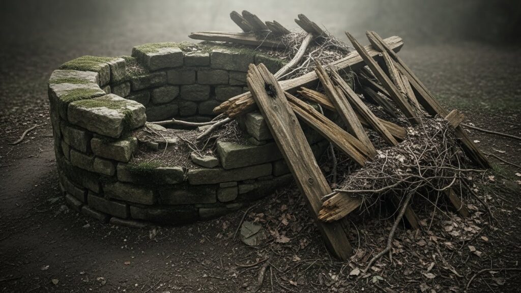 薄暗い光の中に古びた石造りの井戸が半ば埋もれるように置かれ、過去の痕跡をほのめかす静かな情景。