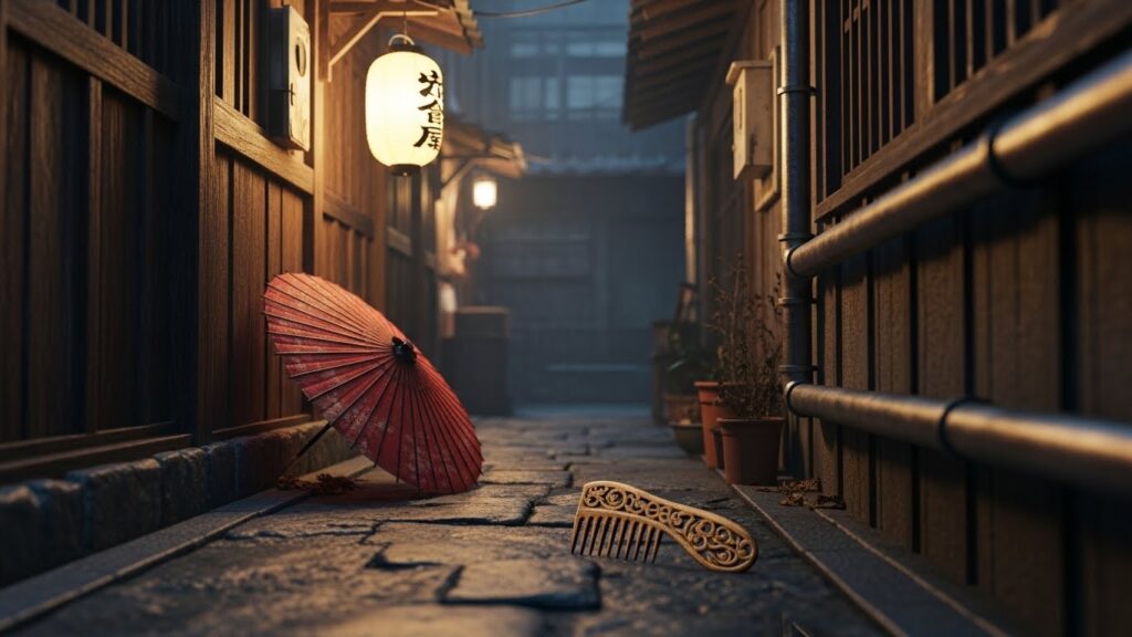 戦後の日本を思わせる薄暗い路地に、置き去りにされた髪飾りや和傘が落ちている情景。