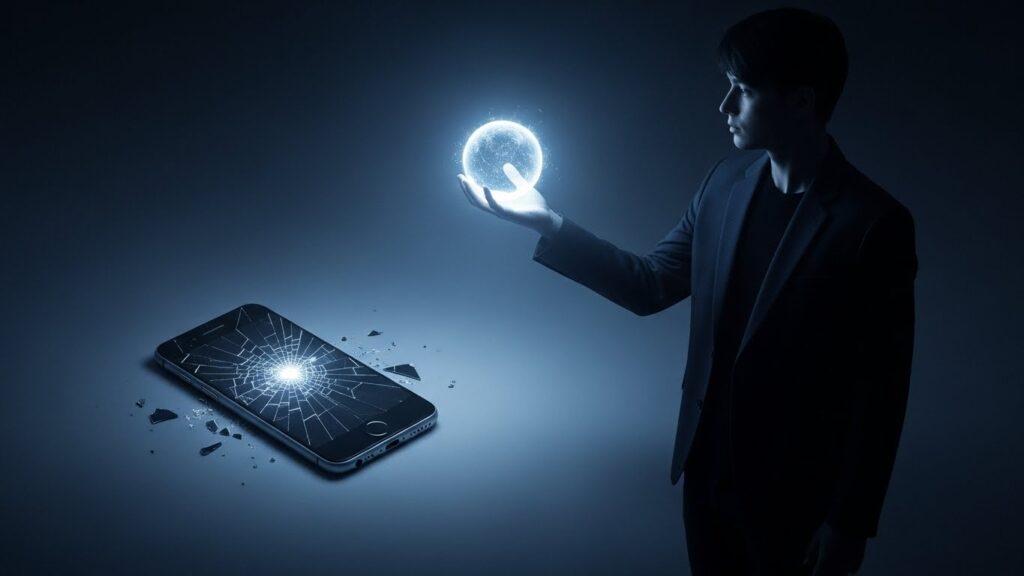 暗闇で光を手にし、落ちたスマホに触れず立ち止まる人物。情報に振り回されない姿勢を象徴