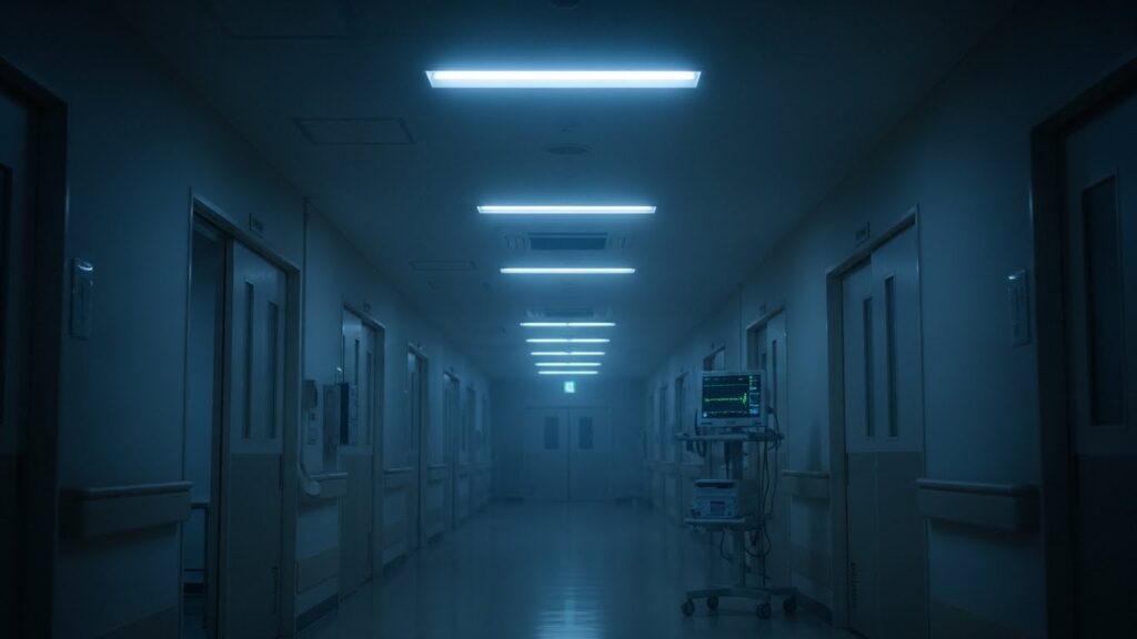 静まり返った深夜の手術棟で、闇の奥からモニターの点滅だけが不気味にこちらを見つめているように感じられる廊下