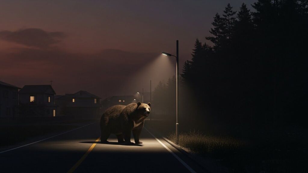 夕暮れの住宅街の外れに現れたツキノワグマが、街灯に照らされながら静かに立つ様子。森の影が街に迫り、熊出没の異常増加を象徴する不穏な場面。