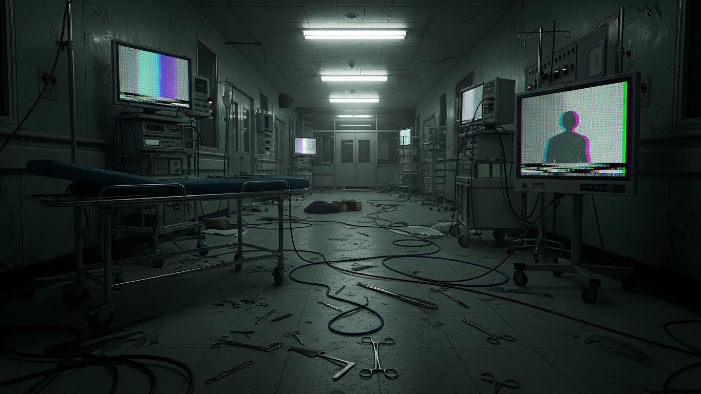 山口大学医学部の手術棟で、深夜の無人廊下に光る医療モニターとノイズが走る画面を捉えた不気味なシーン