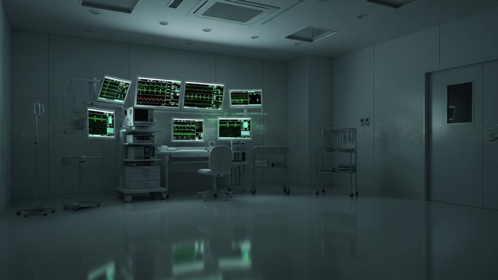 空の手術台を前に、存在しないはずの心拍がモニターに現れ、手術室全体が息を潜めているように見えるシーン