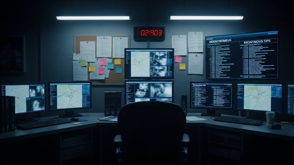 「薄暗い警察の捜査室で、地図やぼかされた監視映像が映るモニターと、匿名通報の資料が並ぶ壁が光に照らされ、捜査が進まないまま膠着している様子を象徴した情景。