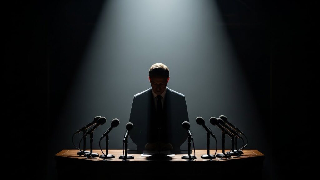 俯いた男性シルエットと並ぶマイク、沈黙が強調された謝罪会見の象徴的イメージ