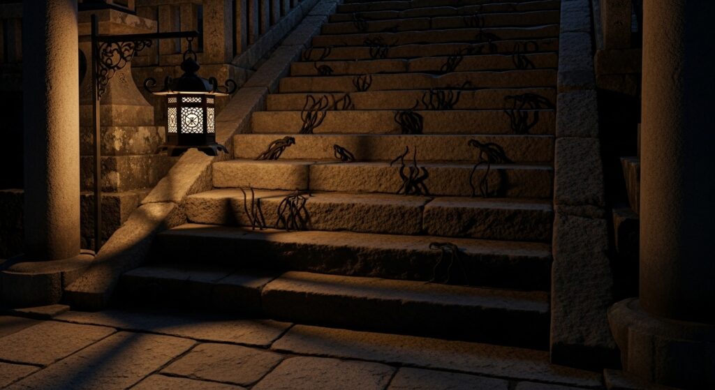 「地元で語られる“湧き出る影”を石段の影で示したイメージ画像」