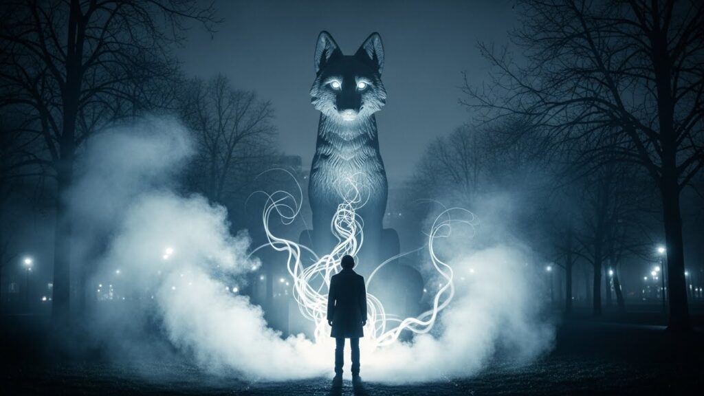 背中越しに見た参拝者と、正面に浮かび上がる狐の石像。両者の間を薄い湯けむりが隔て、境界を暗示する構図