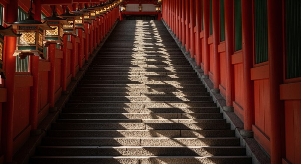 「赤間神宮の回廊と階段が作り出す影の錯覚を表現した写真」