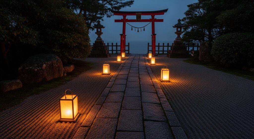 「赤間神宮の夜の境内で揺れる影の噂をイメージした写真」