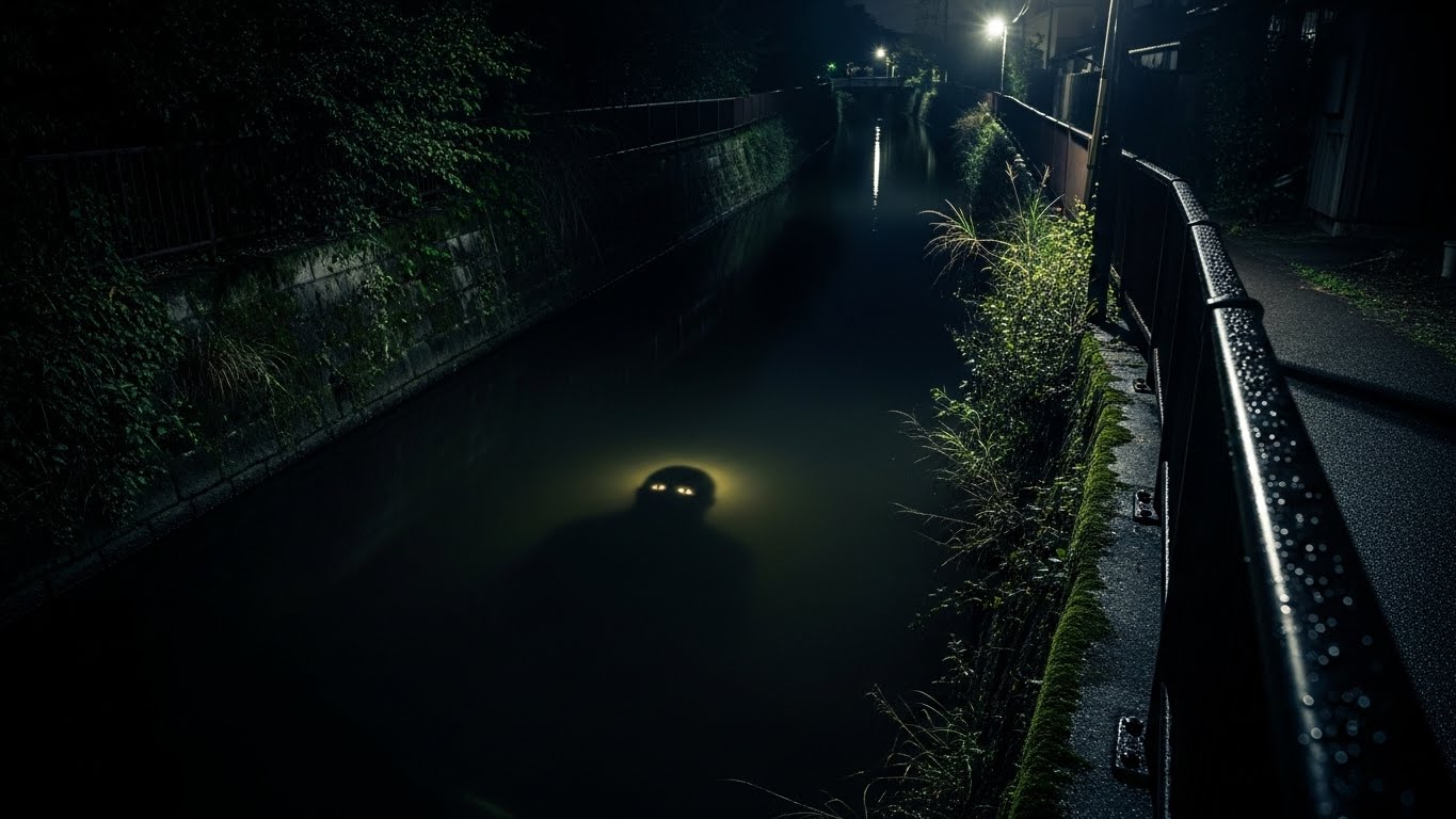 山口県宇部市の都市伝説『黒い水路』を深夜に撮影したような、底の見えない黒い水面と不気味な影が浮かぶホラーイメージ