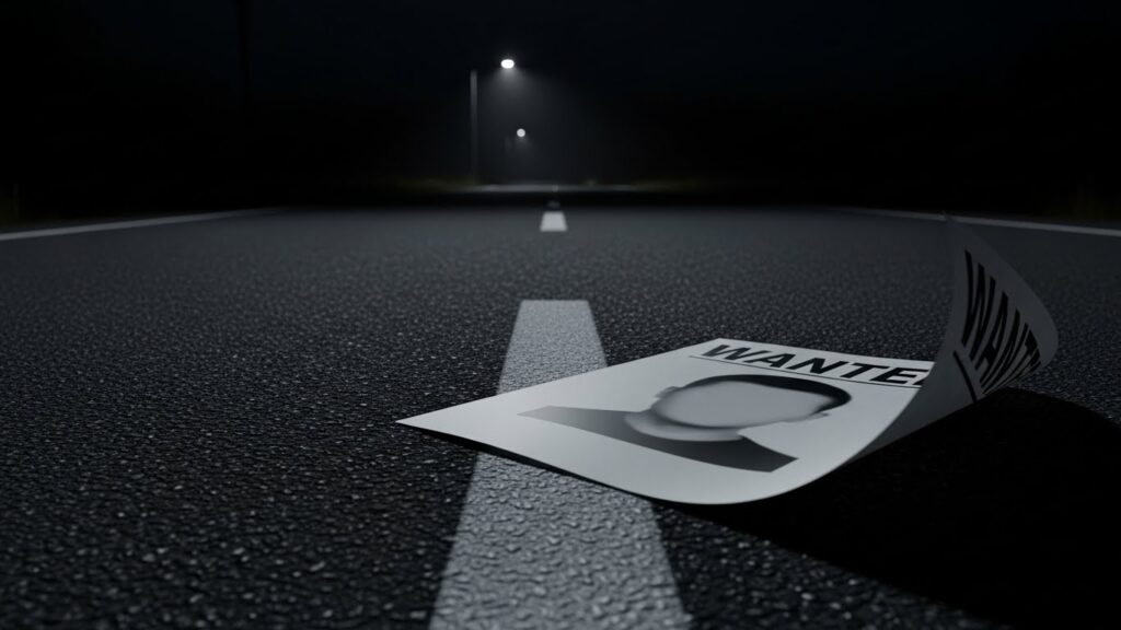 夜の暗い道路に、顔のないようにぼかされた指名手配書が落ちており、遠くの街灯がわずかに照らす中、逃亡者の影が今も残り続けていることを象徴したイメージ。