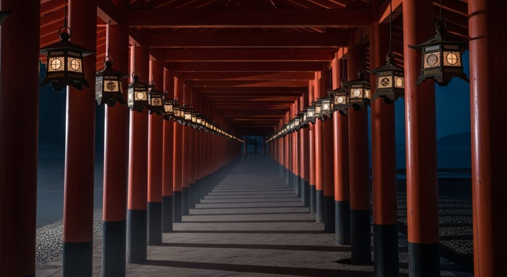 「赤間神宮で語られる“平家の影が戻る夜”の雰囲気を表現した回廊画像」