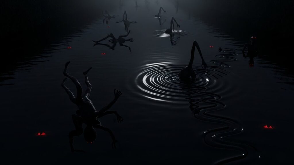 宇部の黒い水路の底に人影のような形が浮かぶ怪異的なイメージ画像