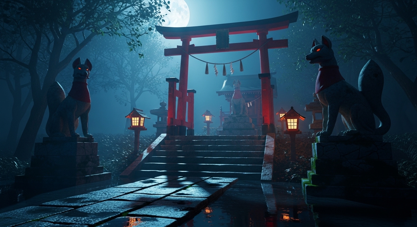 狐の像が不気味に振り向く様子