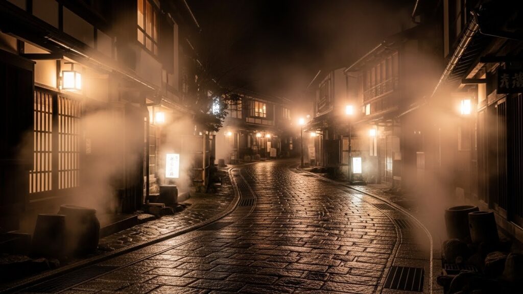 夜の川棚温泉。人影のない石畳の道と温泉街の建物が、湯けむりと弱い街灯に包まれて静まり返る様子