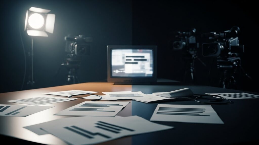 薄暗いニューススタジオの机に、黒塗りされた原稿と資料が置かれ、明るい照明が当たる部分と闇に沈む背景が対比されている、メディアの光と影を象徴したイメージ。