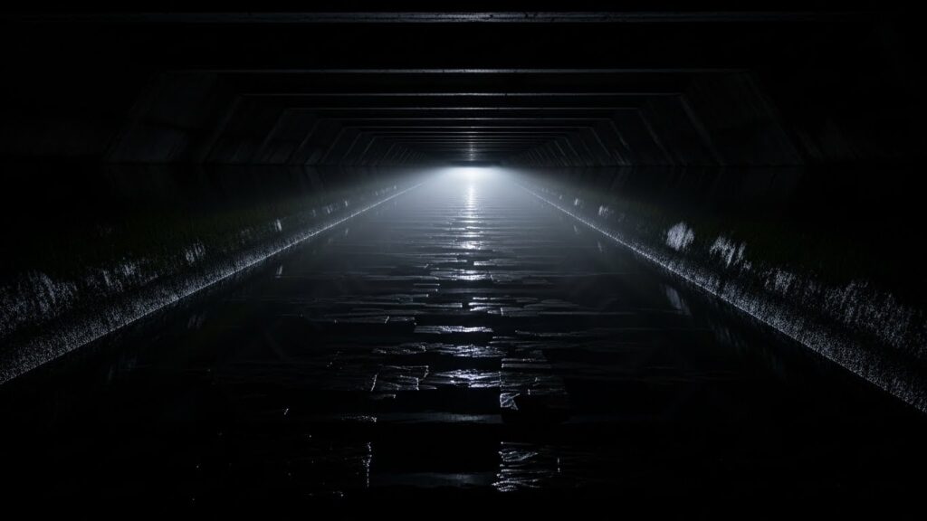 黒い水路が複数の影の層で構成されているように見える深く暗い抽象的イメージ