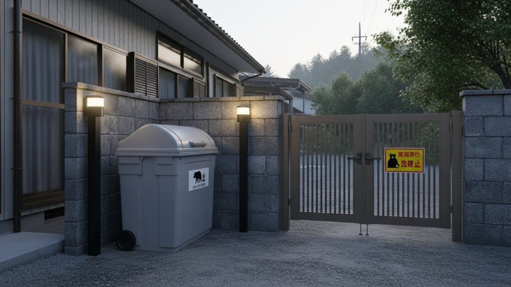 住宅地の庭に、施錠されたゴミ箱や外灯などの熊対策が配置された様子。家の近くに木々の影が見え、家庭でも必要な熊対策を示す構図。