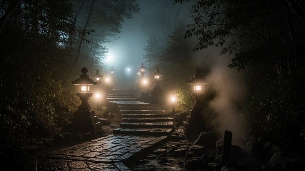 夜の妙青寺へ続く参道。弱い灯りと湯けむりに照らされた濡れた石段が、静かだが不安を誘う雰囲気を作り出している