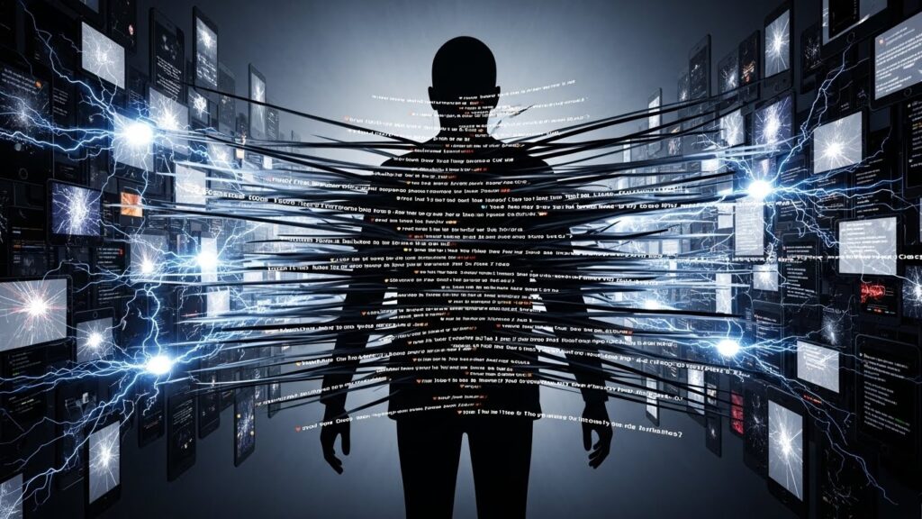 光るスマートフォン画面の群れの中、影の人物が情報の圧力に晒されるSNS時代の象徴イメージ