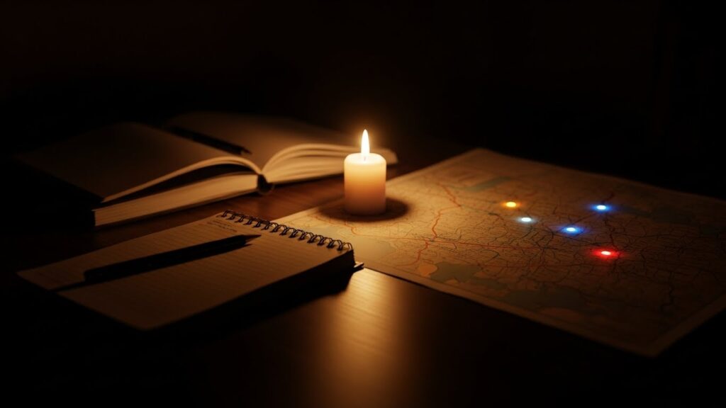 暗い机の上で、小さな明かりが地図と捜査メモを照らし、事件を忘れずに追い続ける姿勢を象徴しているイメージ。