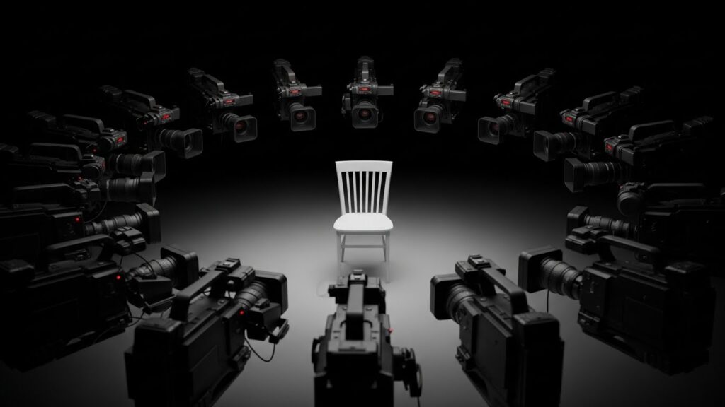 テレビカメラが向けられた空席の椅子。報道の沈黙と情報の欠落を示すイメージ