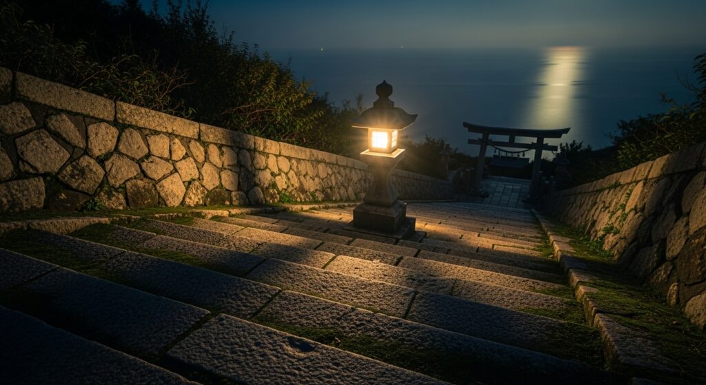 「夜の赤間神宮で静かに伸びる影を描いた象徴的イメージ画像」