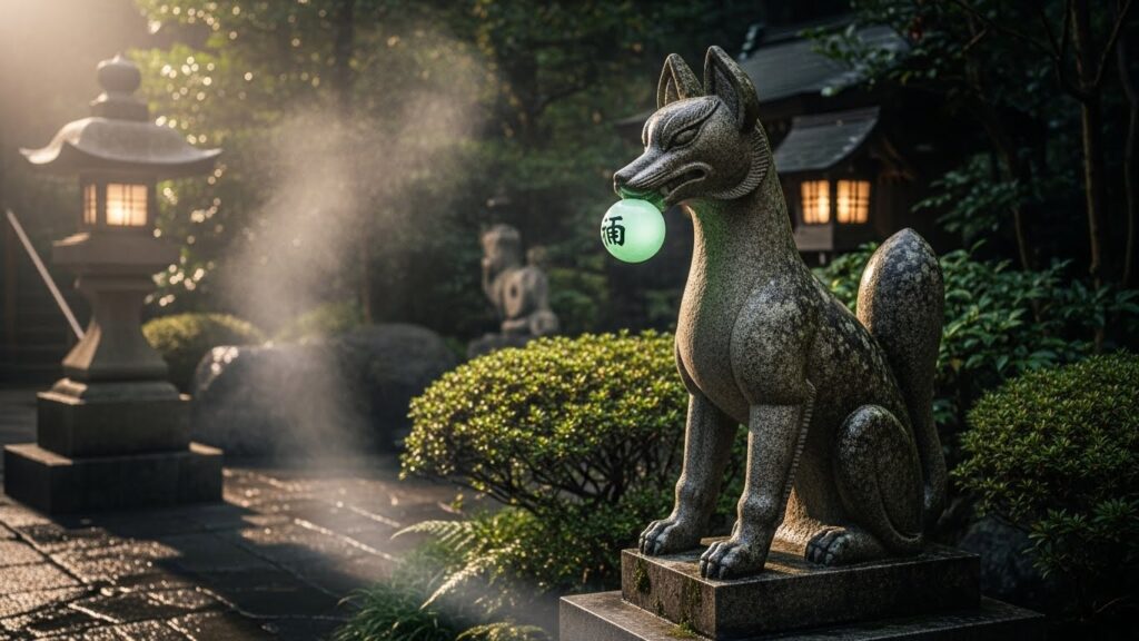 妙青寺の境内に置かれた稲荷の狐像。霊玉をくわえ、湯けむりと側灯に照らされながら、不気味に浮かび上がる全景