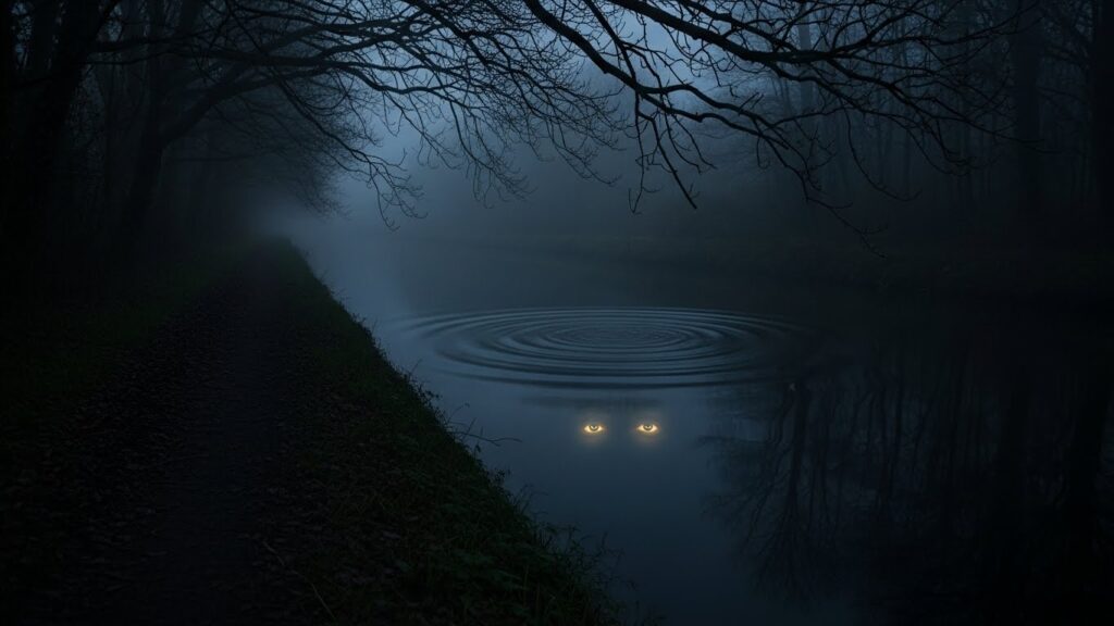 水路の奥深くに目のような光が見え、ささやき声に反応するかのように水面が揺れる怪異的シーン