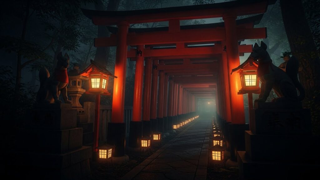 赤い鳥居が並ぶ稲荷神社の参道を、夜霧が覆う。両脇には狐像が鎮座し、伝統的な信仰の空気と不穏な静けさが漂う