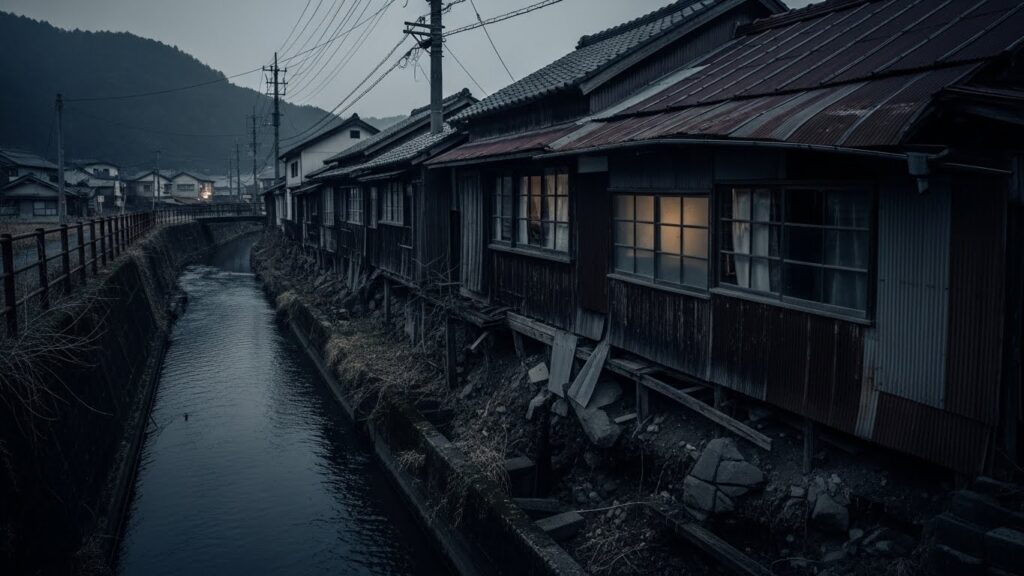 宇部市の古い炭鉱跡付近にある黒く濁った水路と沈下した地面を描く夜の都市伝説的イメージ