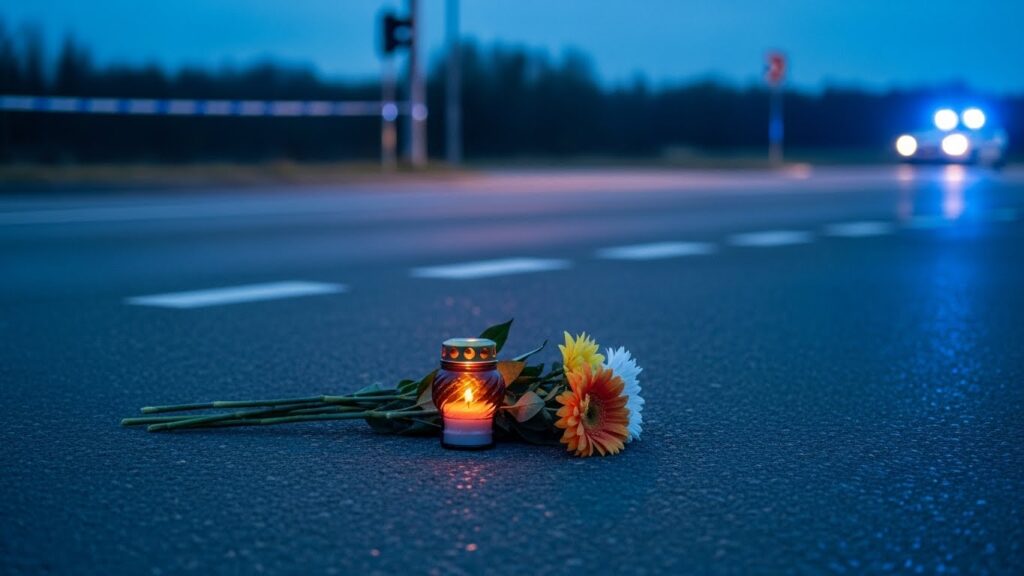 夕暮れの道路脇に置かれた花束と小さな追悼キャンドルが静かに灯り、背景にぼんやりと警察車両の光がにじむ、未解決事件の悲しみを象徴する場面。