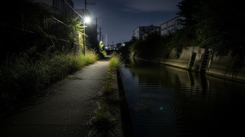 深夜の宇部市にある黒い水路を撮影したような、底が見えない漆黒の水面と薄暗い細道の不気味な風景