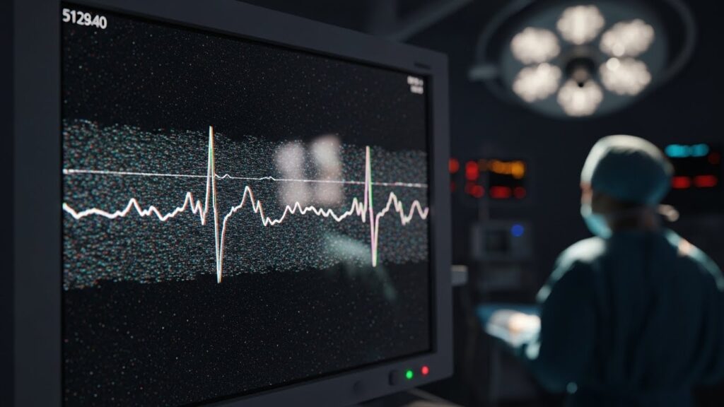 医療モニターに生気のないノイズと歪んだ心拍が浮かび、画面の奥に誰かの影が潜んでいるように見える異様な映像