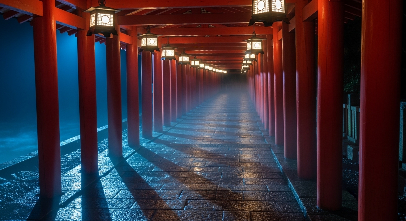 「下関・赤間神宮の夜に戻る影をイメージした回廊の写真」