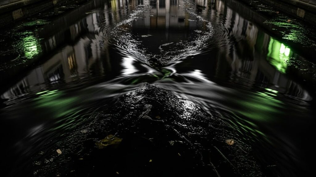 黒い水路の水が上下どちらにも流れているように見える視覚異常を描いた超常的イメージ