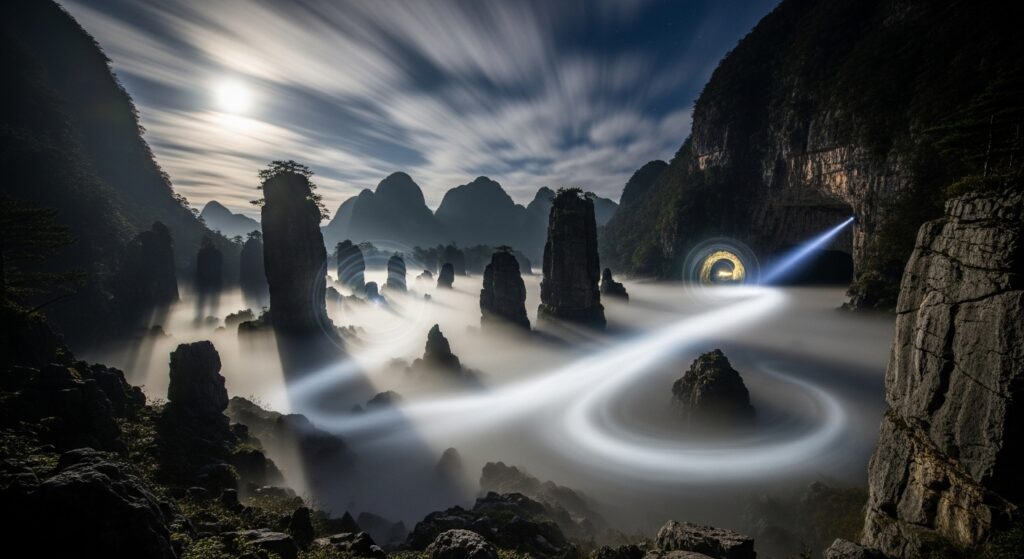 懐中電灯の光が吸い込まれるように弱まる状況を表現した画像