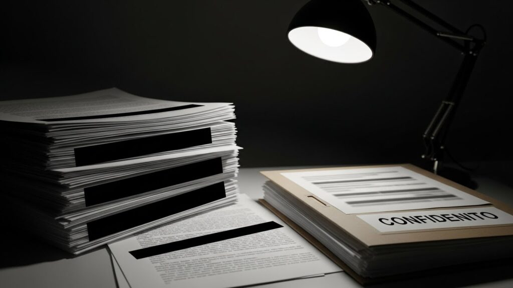 黒塗りで多くが伏せられた文書が机に積まれ、デスクランプの光だけがその一部を照らす、情報が隠されたままの状況を象徴するイメージ。