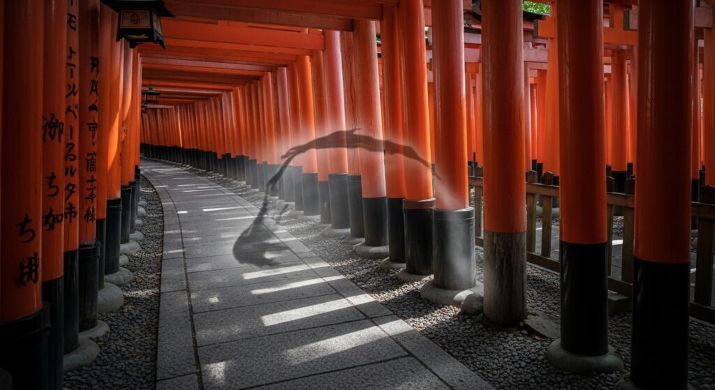 「平家物語の記憶が影に重なる赤間神宮の夜の雰囲気写真」