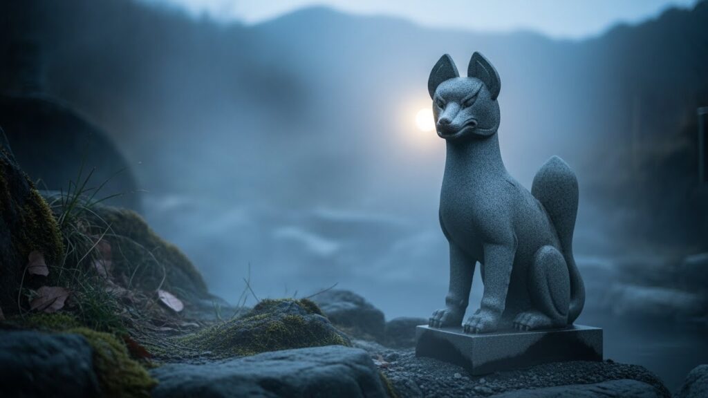 夜が明け始める川棚温泉の境内に佇む狐像。薄い朝霧の中で静かにこちらを見つめるような存在感が残る情景