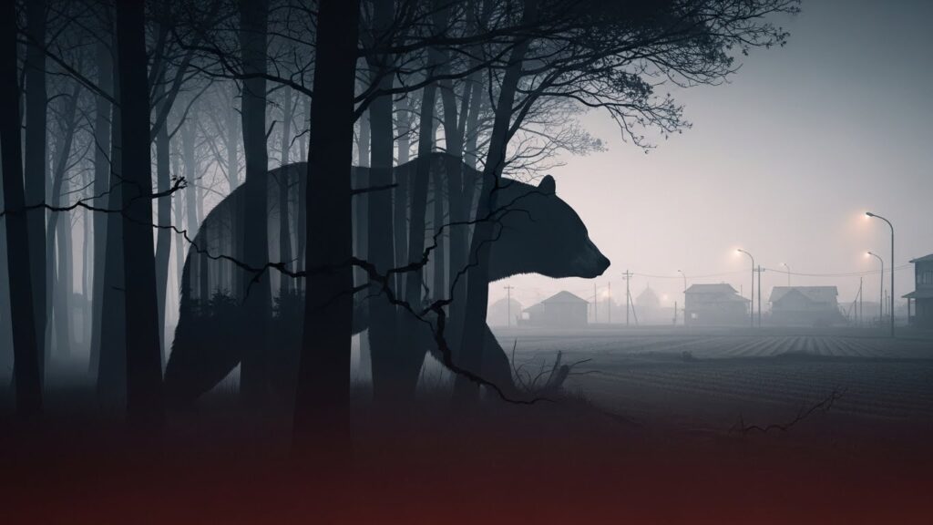 森の影がゆがみながら住宅地へ迫り、熊の黒いシルエットがその境界に現れている構図。生態系の異常や人里との境界崩壊を象徴する不穏なイメージ。