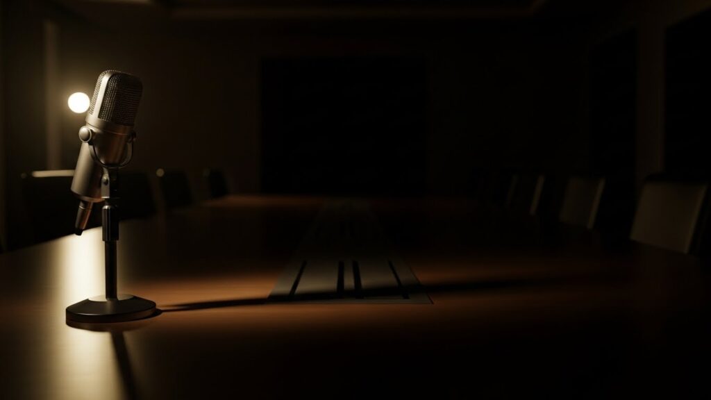 会見室の暗がりに残されたマイクと長い影。沈黙と余韻を象徴する終章イメージ