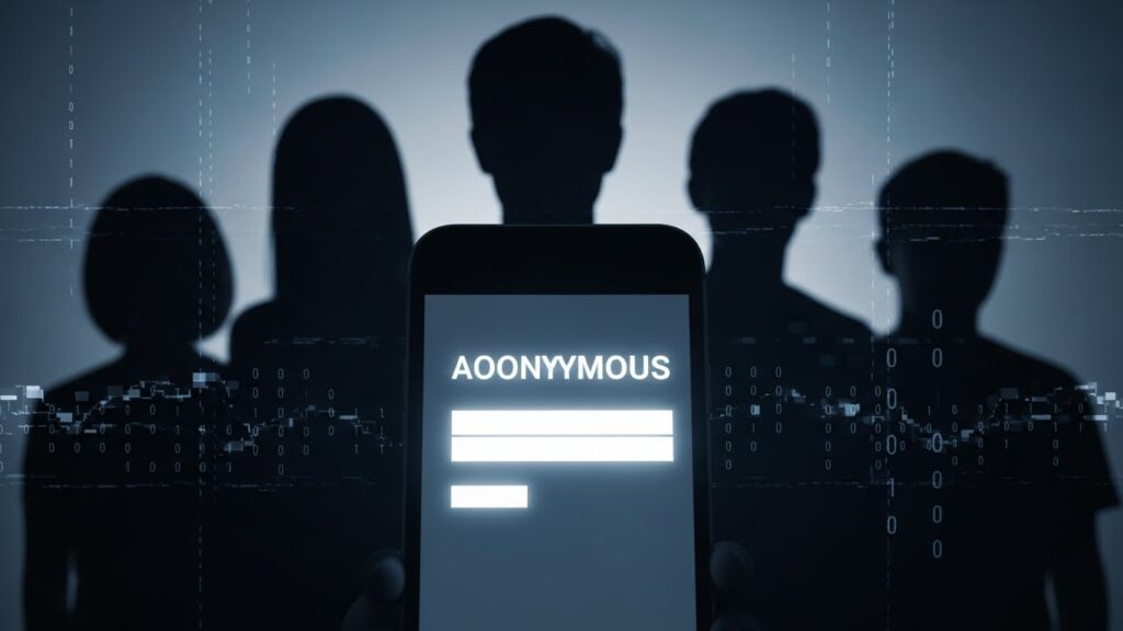 暗い背景の中でスマートフォンの匿名通報フォームが光り、背後に顔のない人影のシルエットが重なって見える、現代の通報や目撃情報が匿名化する社会構造を象徴したイメージ。