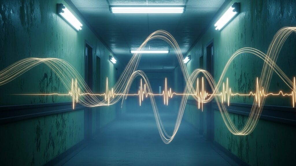 誰もいない病院の通路に、耳に届かないはずの“声”が光として残り、闇の中で心拍のように脈打って見える幻想的な恐怖シーン